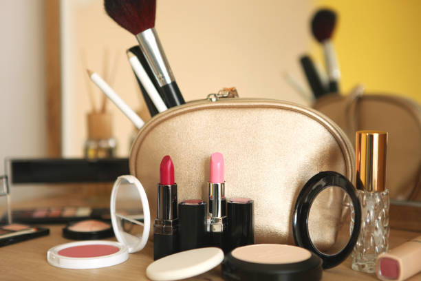 decorative cosmetics for makeup on a dressing table close