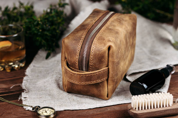 Men's leather brown organizer for cosmetics