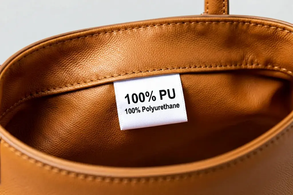 100% PU composition care label sewn inside a PU leather handbag