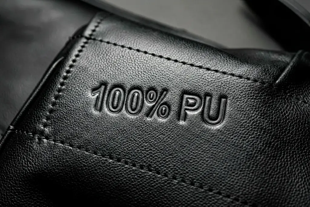 100% PU embossed on a black PU leather macro close-up