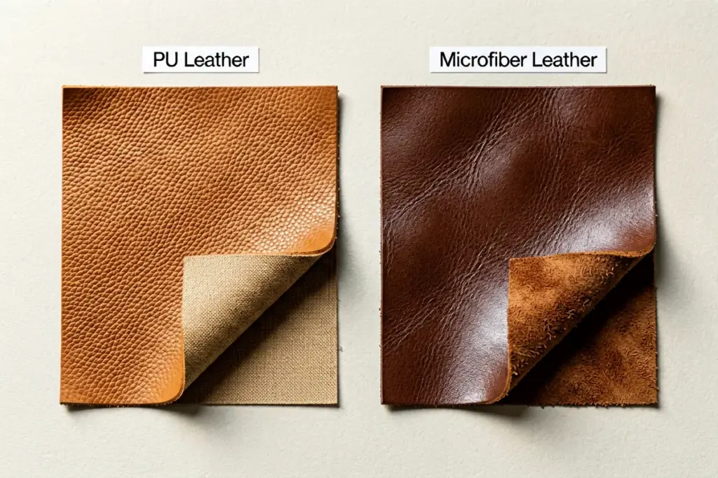 Side by side comparison of PU leather and microfiber leather swatches showing fabric backing versus microfiber fibrous backing